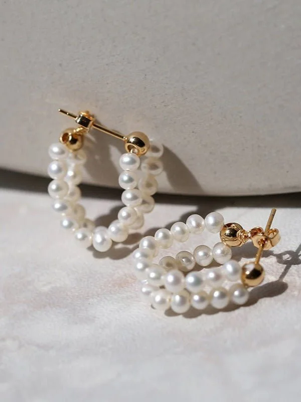 Lightweight hoop earrings for comfortable and all-day wear-Handcrafted Double layer Pearl Hoop Earrings