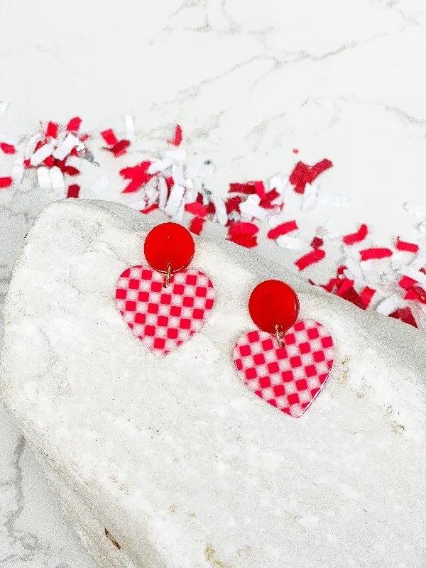 Small hoop earrings for a delicate and understated everyday wear-Acrylic Red Checkered Heart Dangle Earrings