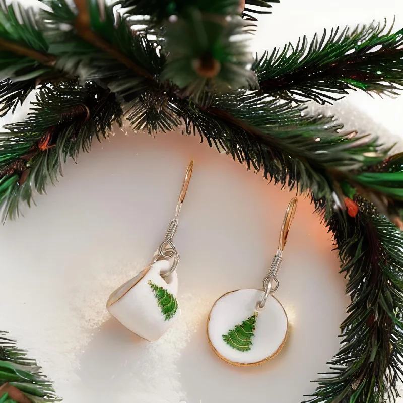 Hoop earrings with hammered copper for a warm and rustic aesthetic-Adorable Christmas Tea Cup Earring Set