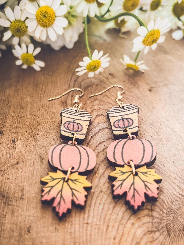 Hoop earrings with pearl accents for a chic and classic style-Adorable Fall Pumpkin Spice Coffee Wood Earrings