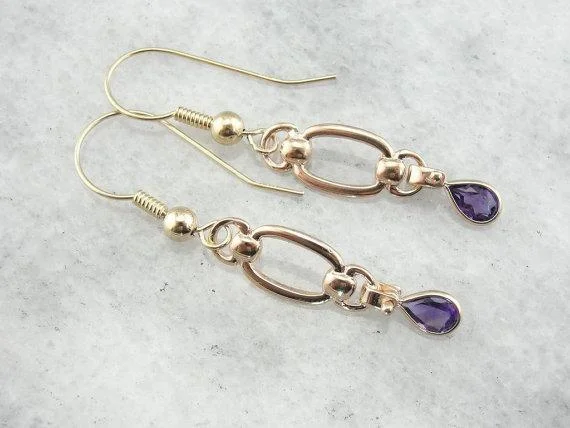 Best hoop earrings with rose gold for a romantic and warm aesthetic-Amethyst Teardrops and Golden Links, Handcrafted Earrings