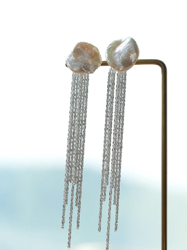 Hoop earrings with textured gold for a refined and sophisticated aesthetic-Anemone Chain Silver Tassel Petal Baroque Pearls Earrings