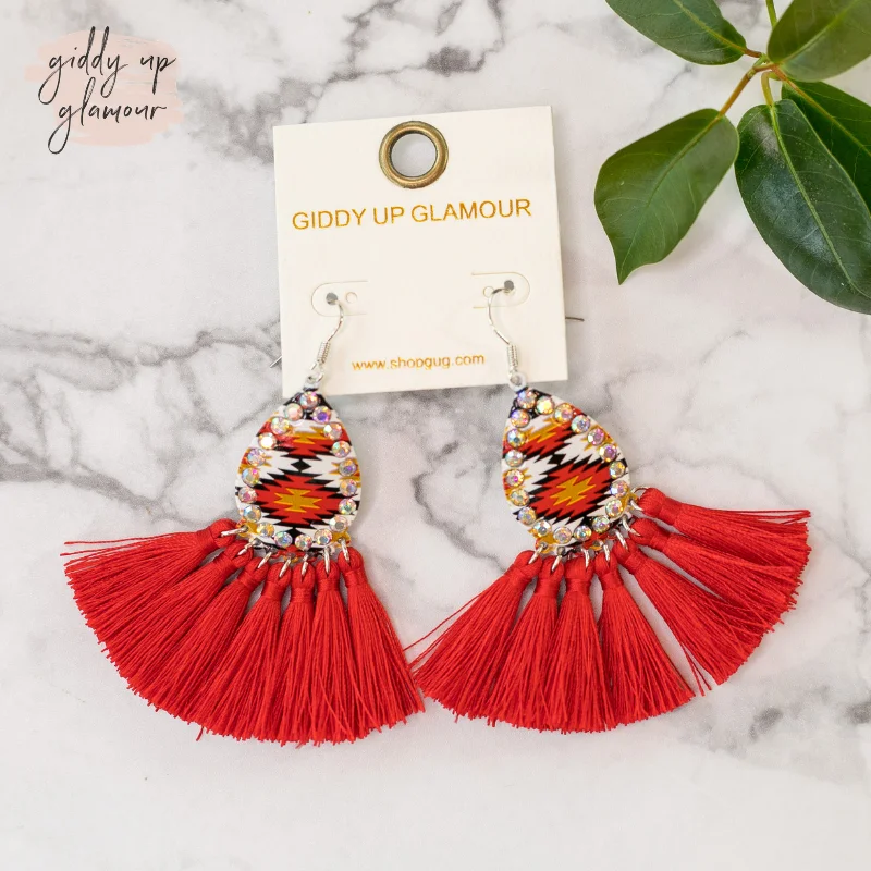 Hoop earrings with dangling charms for a playful and fun look-Aztec Print Tassel Earrings in Red