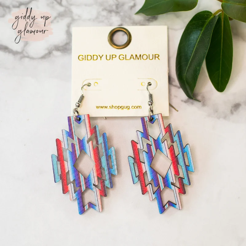 Hoop earrings with braided patterns for a detailed and textured finish-Aztec Shaped Wooden Earrings in Blue and Red Serape