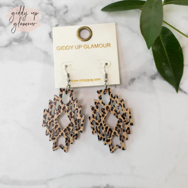 Hoop earrings with textured finishes for a vintage and classic style-Aztec Shaped Wooden Earrings in Leopard Print