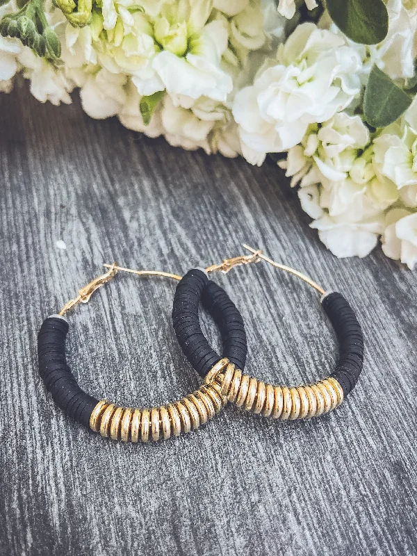 Hoop earrings with rhinestone embellishments for a glamorous and sparkling look-Beautiful Black and Gold Clay Hoops