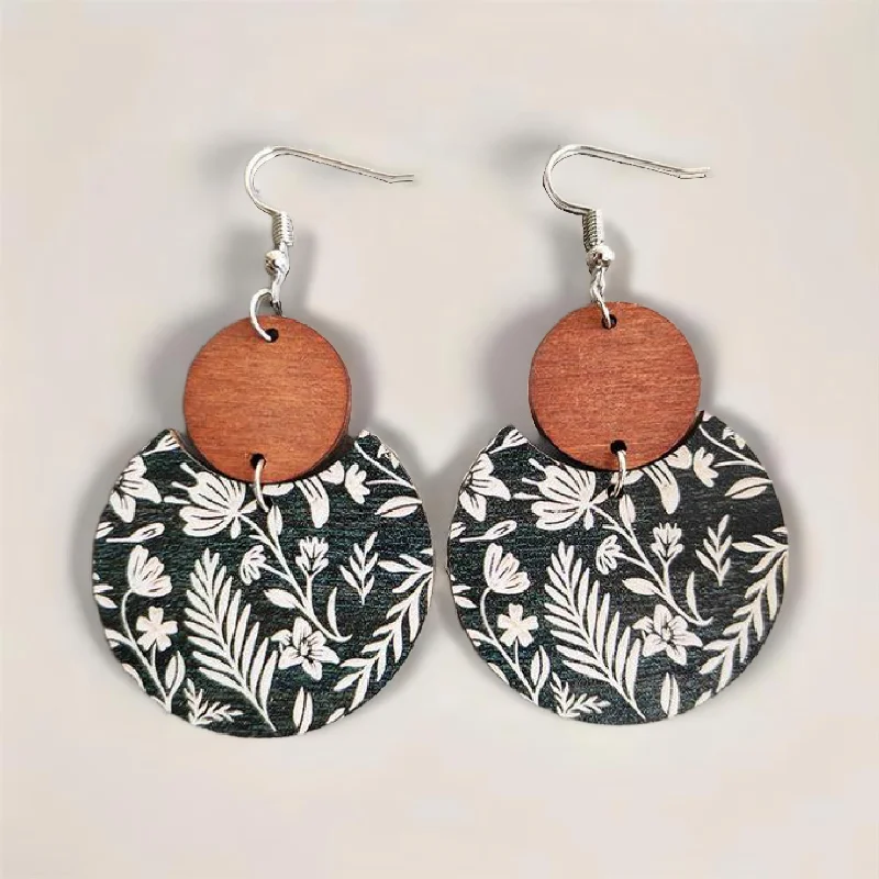 Hoop earrings with luxe velvet finishes for a rich and luxurious touch-Beautiful Black and White Floral Wood Circle Earrings