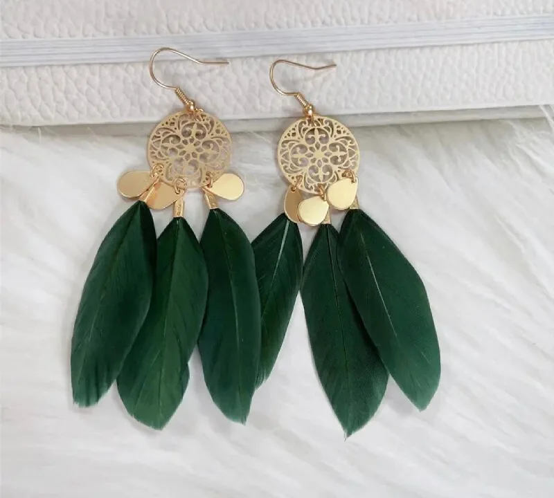 Best hoop earrings with lever-back closures for secure and easy wear-Beautiful Gold and Green Feather Earrings