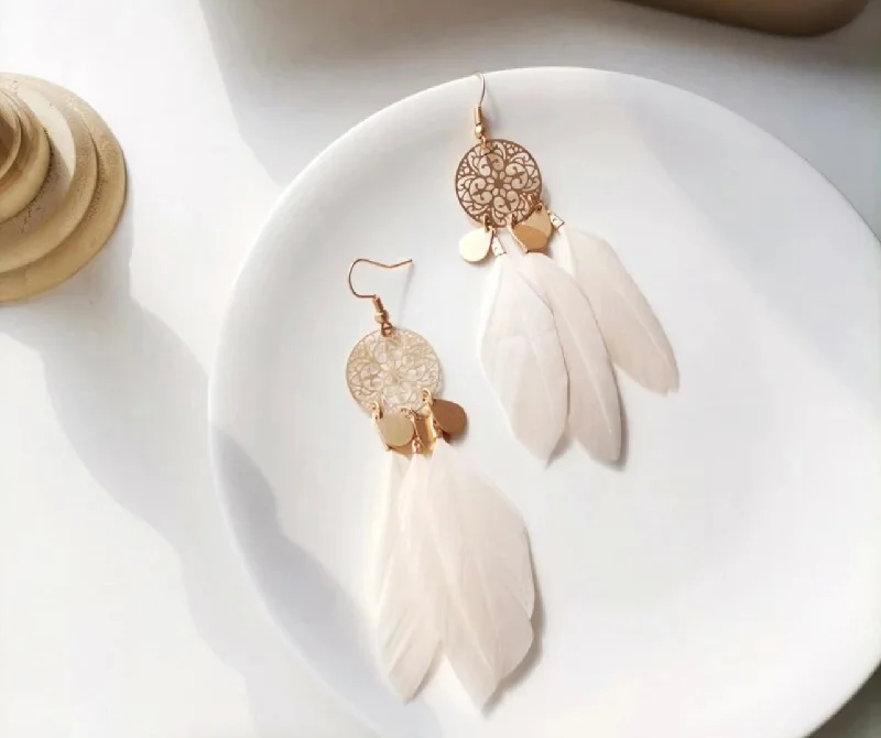 Best hoop earrings with angel wing accents for a spiritual and meaningful design-Beautiful Gold and White Feather Earrings