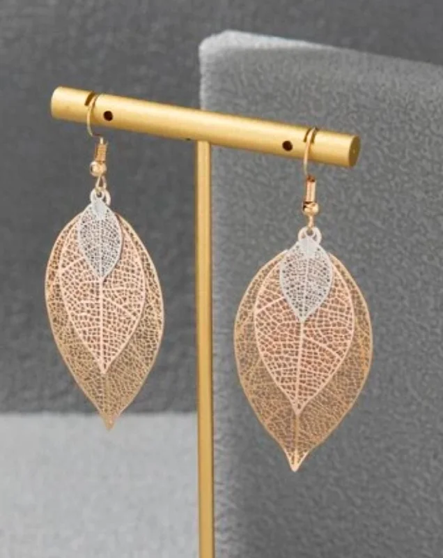 Best hoop earrings with geometric cuts for a sharp, modern appeal-Beautiful Three Tone Leaf Earrings