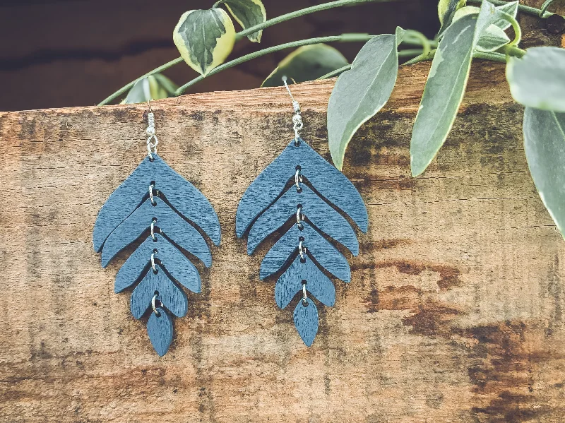 Hoop earrings with hearts for a sweet and romantic gesture-Beautiful Blue Wood Leaf Earrings