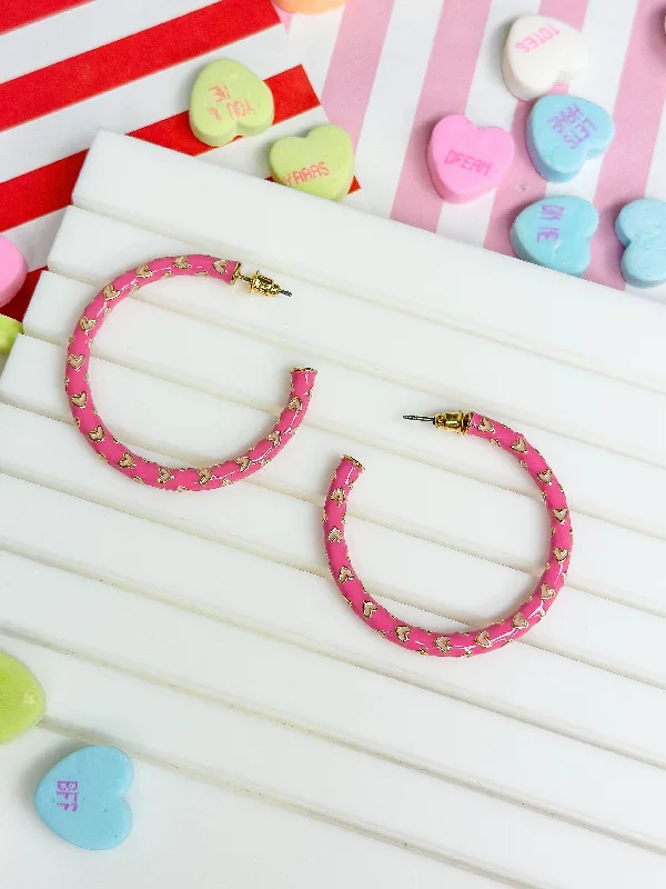 Hoop earrings with heart-shaped frames for a romantic and feminine look-Big Heart-Patterned Enamel Hoop Earrings - Pink