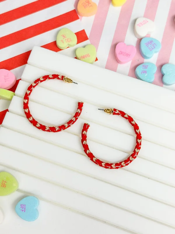 Hoop earrings with artistic filigree designs for an intricate, delicate finish-Big Heart-Patterned Enamel Hoop Earrings - Red