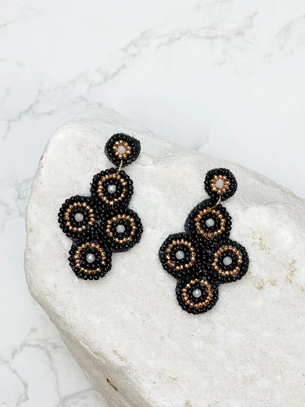 Best hoop earrings with hammered gold for a rustic yet elegant look-Black & Gold Beaded Statement Dangle Earrings