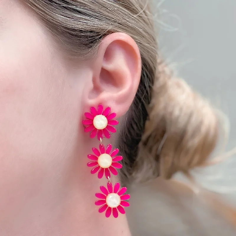 Hoop earrings with pearl accents for a chic and classic style-Blooming Daisy Trio Dangle Earrings - Pink