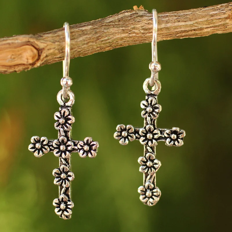 Hoop earrings with diamond-cut surfaces for added sparkle and shine-Blooms & Crosses Sterling Silver Earrings