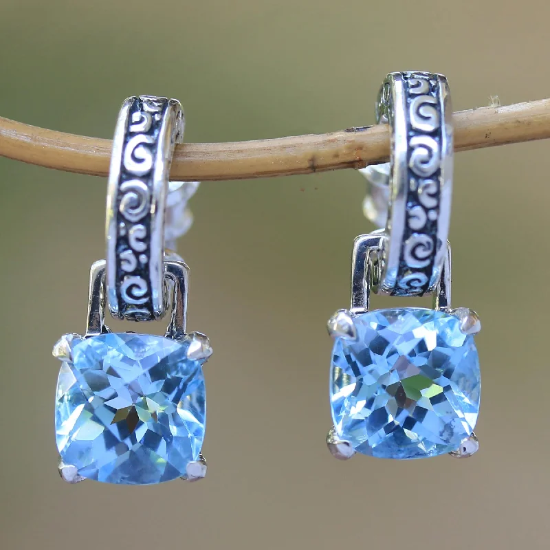 Best hoop earrings with custom engravings for a personalized and meaningful gift-Buddha Hoops Blue Topaz & Silver Dangle Earrings