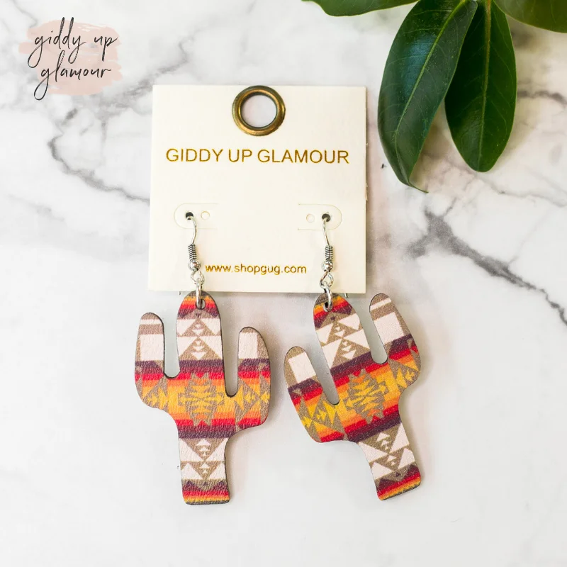 Best hoop earrings with oval shapes for a unique and elongated design-Cactus Wooden Earrings in Sunset Aztec