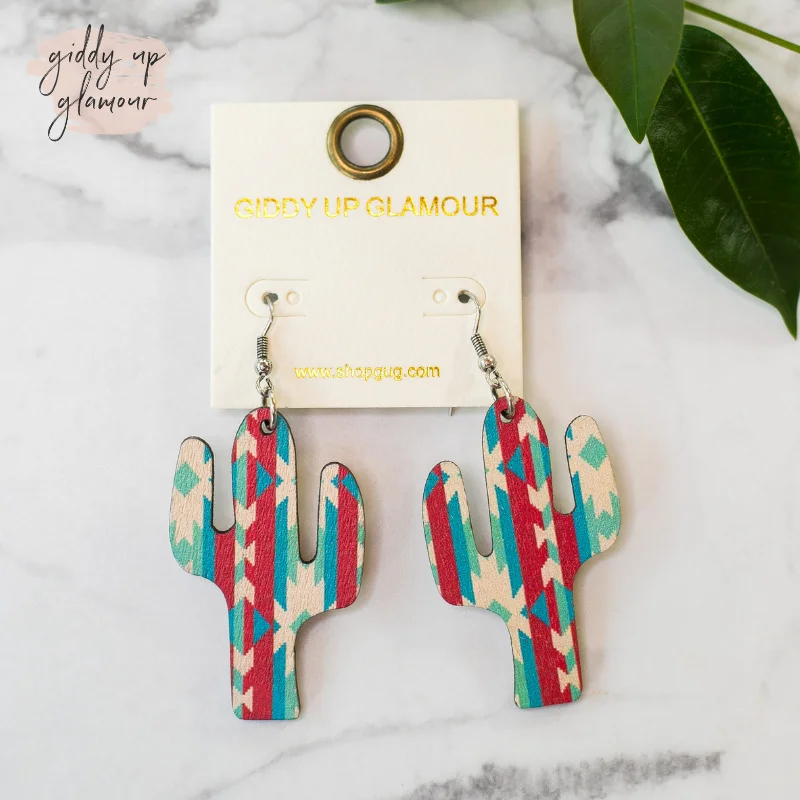 Best hoop earrings with blackened metal for an edgy and bold appearance-Cactus Wooden Earrings in Turquoise and Red Aztec