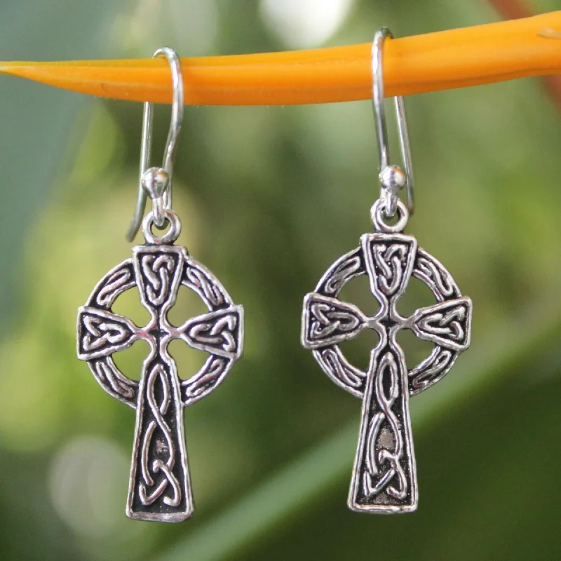 Hoop earrings with removable pendants for a versatile and customizable accessory-Celtic Cross Silver Dangle Earrings