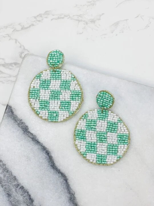 Hoop earrings with cut-out designs for a creative and lightweight effect-Checkered Beaded Dangled Earrings - Mint