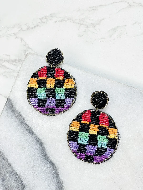 Best hoop earrings with Swarovski crystals for added sparkle and luxury-Checkered Beaded Dangled Earrings - Multi