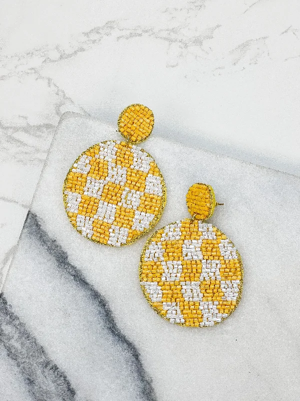 Hoop earrings with intricate designs for a unique and artistic appearance-Checkered Beaded Dangled Earrings - Yellow