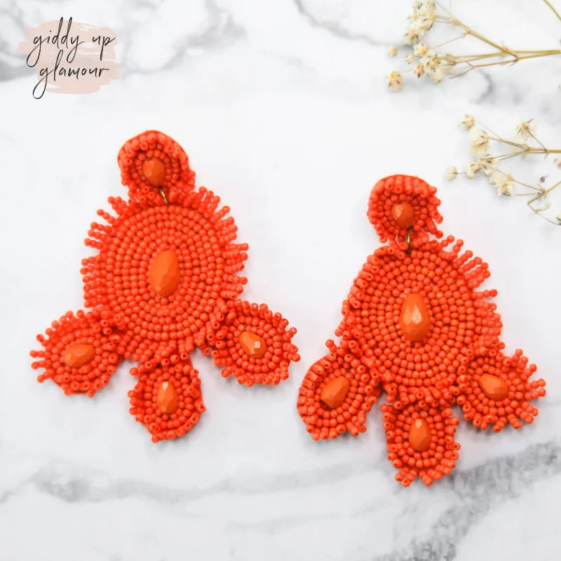 Best hoop earrings with gemstone accents for a colorful and elegant appearance-Circular Beaded Statement Earrings in Coral Orange