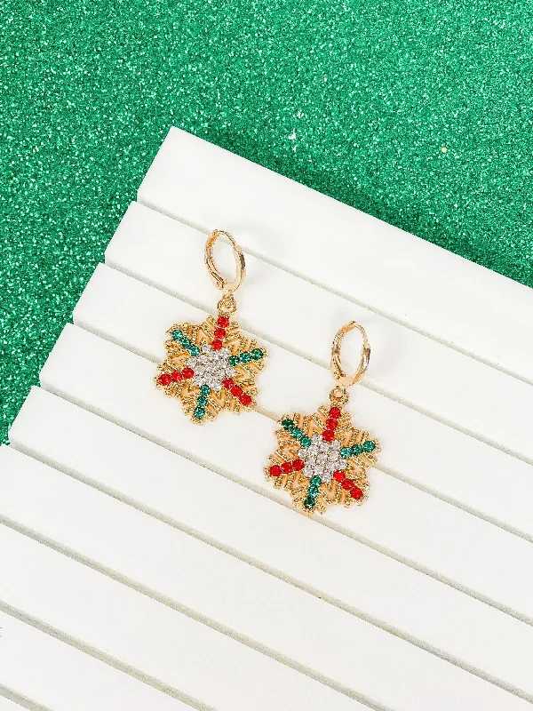 Hoop earrings with floral motifs for a feminine and nature-inspired look-Colorful Studded Snowflake Huggie Dangles