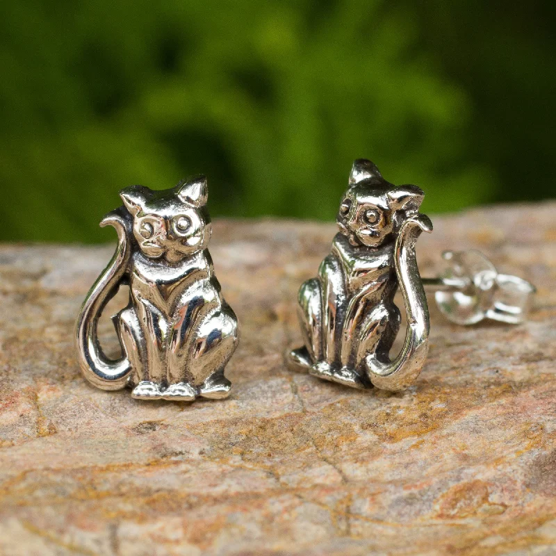 Stylish hoop earrings with diamond accents for an elegant and sparkling effect-Contented Kittens Silver Button Earrings