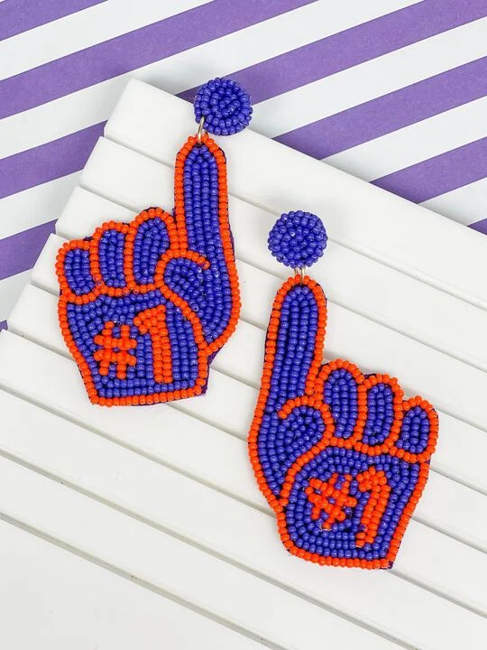 Best hoop earrings with textured silver for a rustic and organic finish-#1 Go Team Foam Finger Beaded Dangle Earrings - Purple & Orange