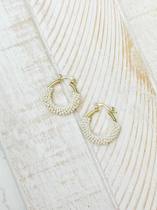 Best hoop earrings with minimal embellishments for a sleek and modern look-Petite Seed Bead Hoop Earrings - Ivory