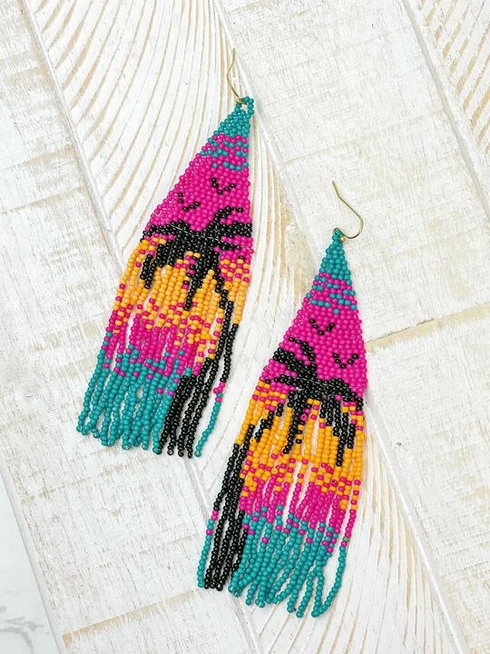 Hoop earrings with tortoiseshell designs for a chic and classic style-Palm Seed Bead Fringe Dangle Earrings