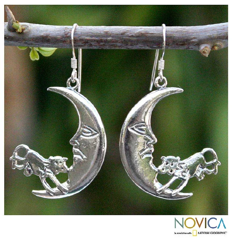 Hoop earrings with textured finishes for a vintage and classic style-Cow in the Moon Sterling Silver Earrings