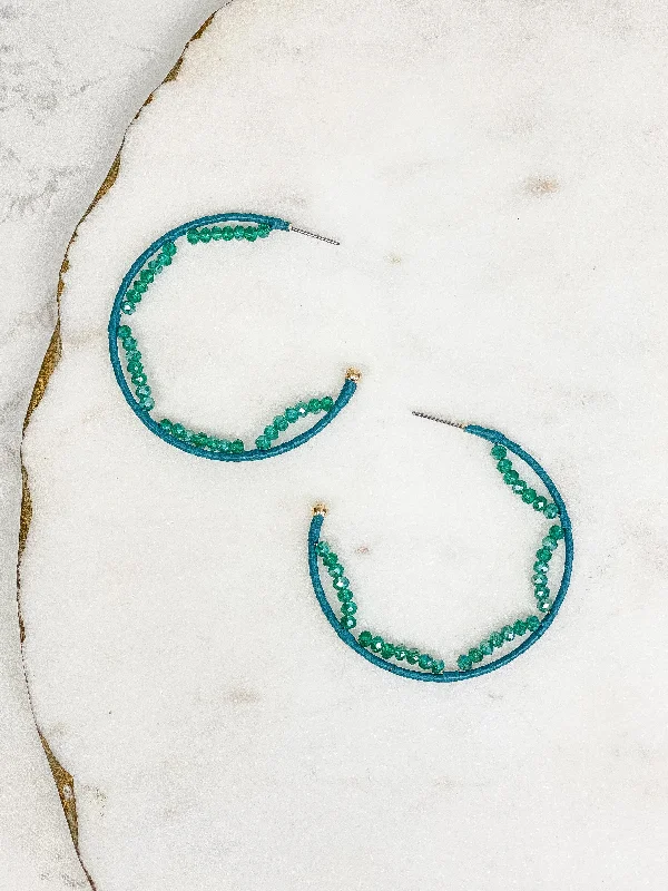 Best hoop earrings with vintage-style detailing for a nostalgic and timeless look-Crystal Beaded Trimmed Hoop Earrings - Teal