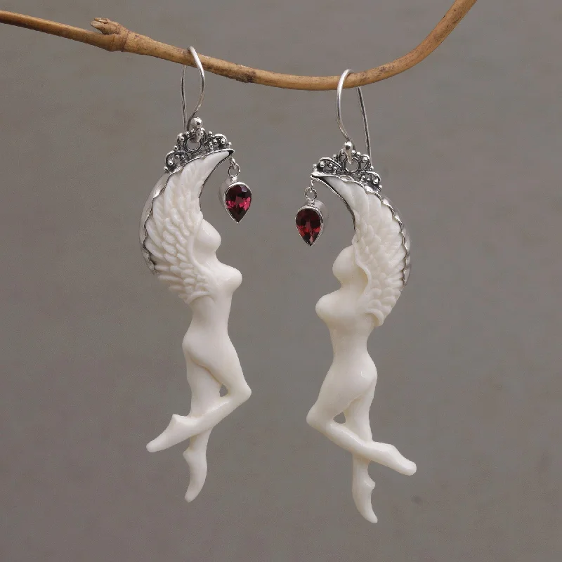 Best hoop earrings with hammered gold for a rustic yet elegant look-Dancing Angels Garnet Silver & Bone Dangle Earrings