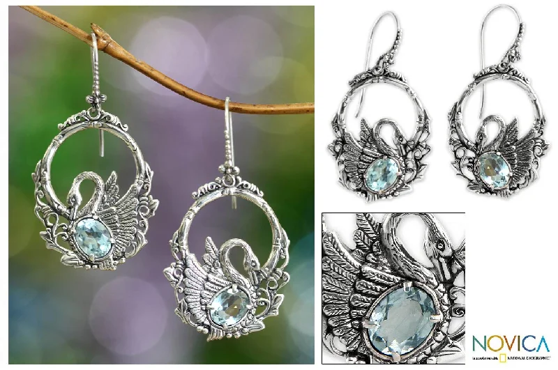 Best hoop earrings with enamel details for a colorful and modern look-Dancing Swan Blue Topaz Dangle Earrings