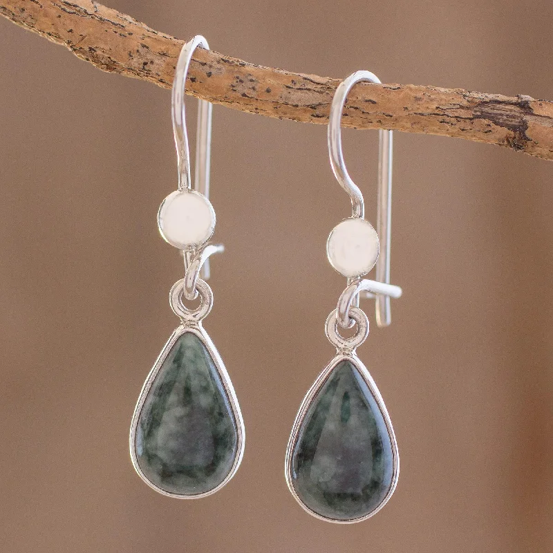 Best hoop earrings with baroque pearls for a luxurious and elegant vibe-Dark Green Tears Jade & Silver Earrings