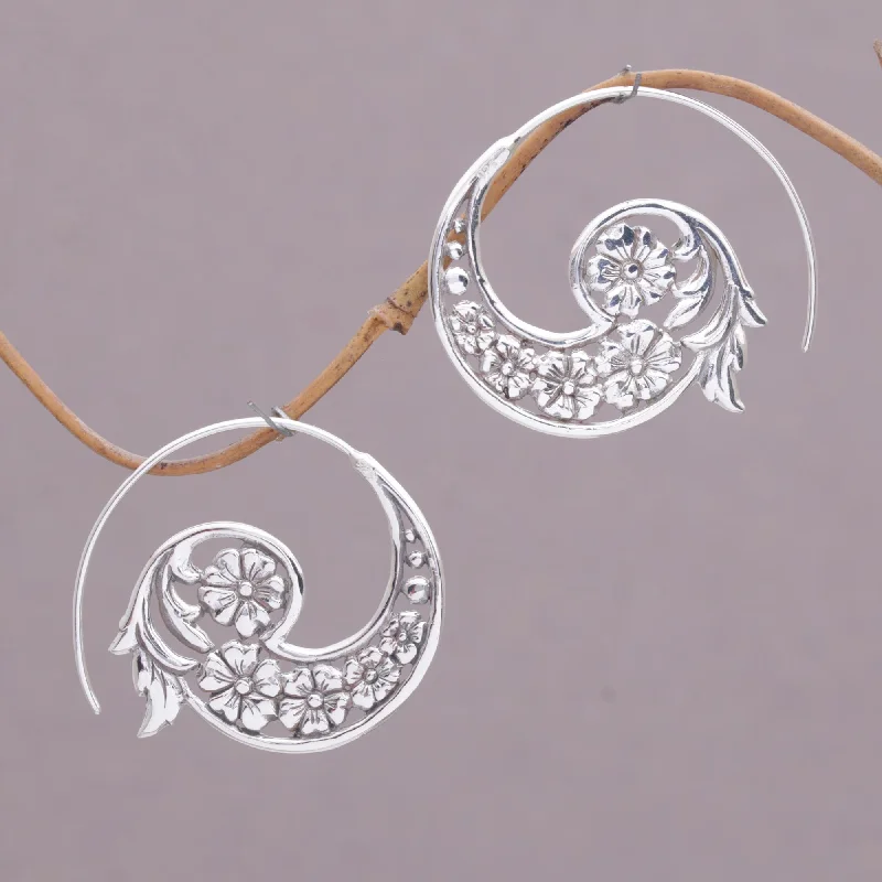 Hoop earrings with braided patterns for a detailed and textured finish-Dazzling Flourish Silver Floral Spiral Earrings