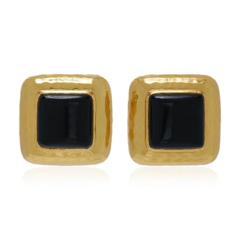 Hoop earrings with snake print designs for an edgy, wild appearance-Domed Square Earrings Black Onyx