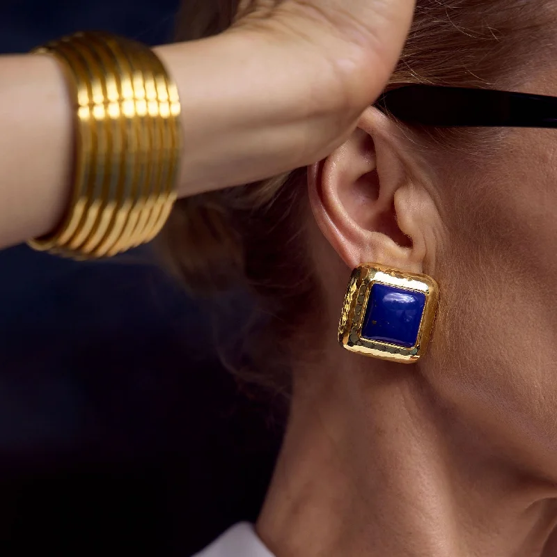 Hoop earrings with leather accents for a sleek and bold combination-Domed Square Earrings Lapis