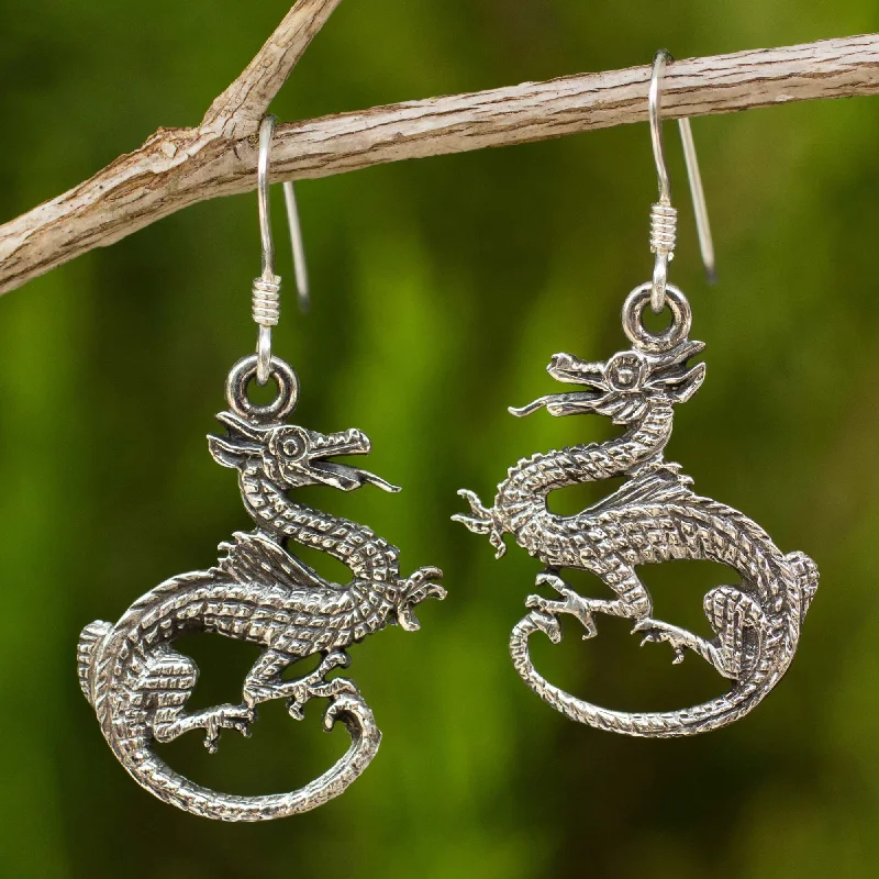 Hoop earrings with twisted metal designs for a dynamic and modern style-Dragon Duet Sterling Silver Dangle Earrings