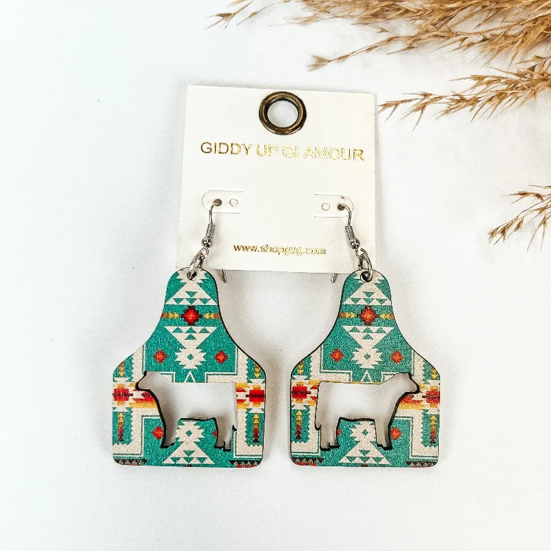 Best hoop earrings with marbled designs for a trendy and artistic effect-Cattle Tag Wooden Earrings in Ocean Aztec