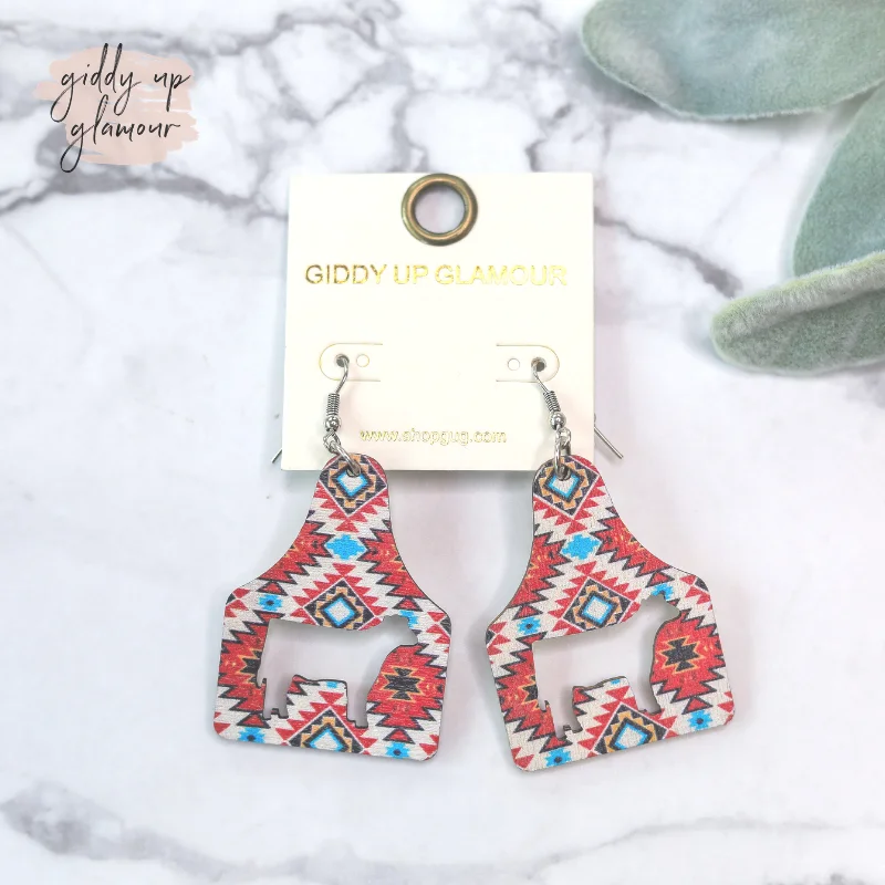 Hoop earrings with satin finishes for a smooth and elegant appearance-Cattle Tag Wooden Earrings in Red Aztec