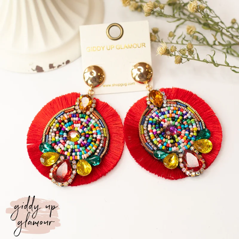 Classic hoop earrings with a thin profile for a sleek and subtle style-Fancy Fan Circle Beaded and Crystal Earrings in Red