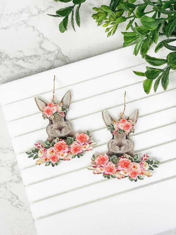 Best hoop earrings with geometric cuts for a sharp, modern appeal-Floral Bunny Rabbit Dangle Earrings