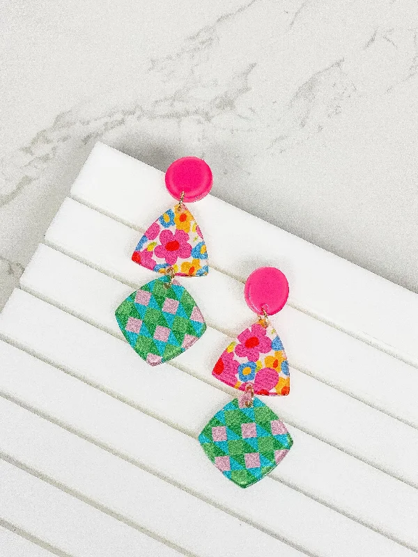 Hoop earrings with luxe velvet finishes for a rich and luxurious touch-Funky Spring Geometric Dangle Earrings - Pink