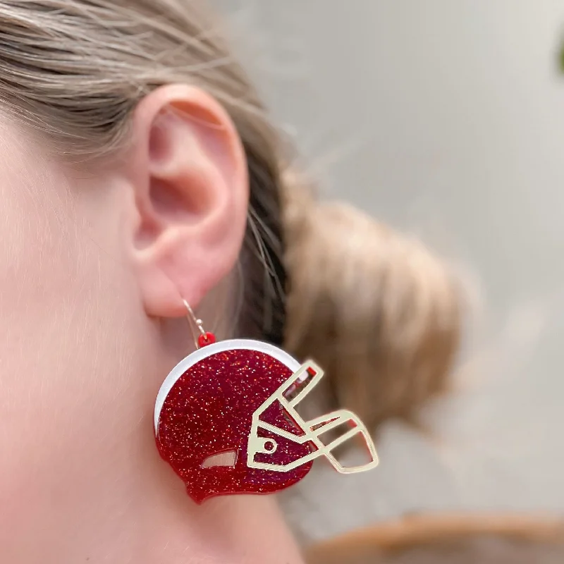 Lightweight hoop earrings for comfortable and all-day wear-Glitter Football Helmet Dangle Earrings - Red