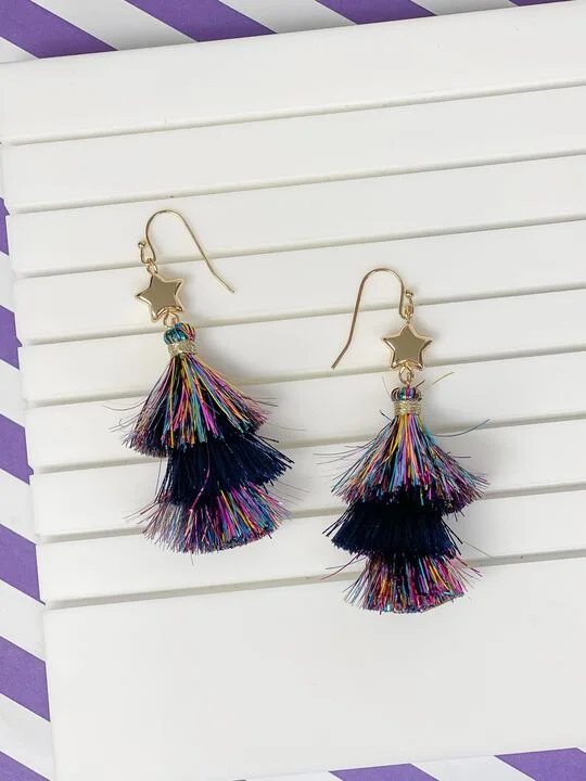 Hoop earrings with open designs for a modern, lighthearted vibe-Glitter Tassel Star Dangle Earrings