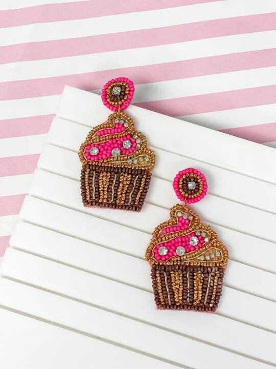 Best hoop earrings with custom designs for a personalized, unique accessory-Glitzy Cupcake Beaded Dangle Earrings - Hot Pink